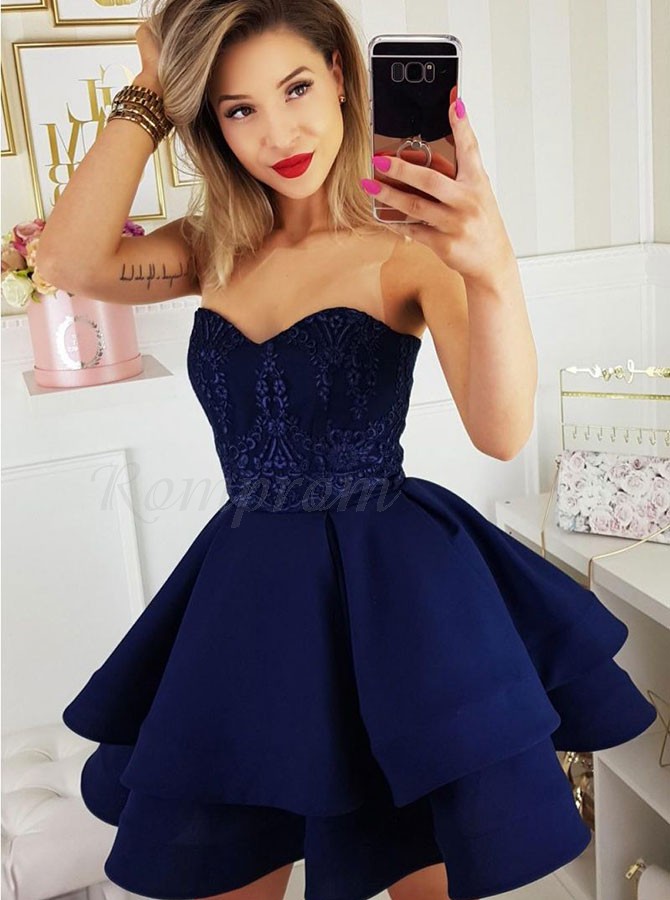A Line Sweetheart Short Tiered Satin Navy Blue Homecoming Dress With 0731