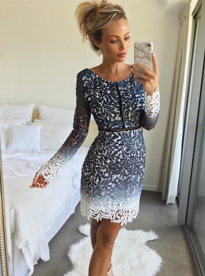 Sheath Round Neck Long Sleeeves Above-knee Dark Blue Lace Homecoming 