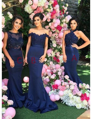 rose gold and navy blue bridesmaid dresses