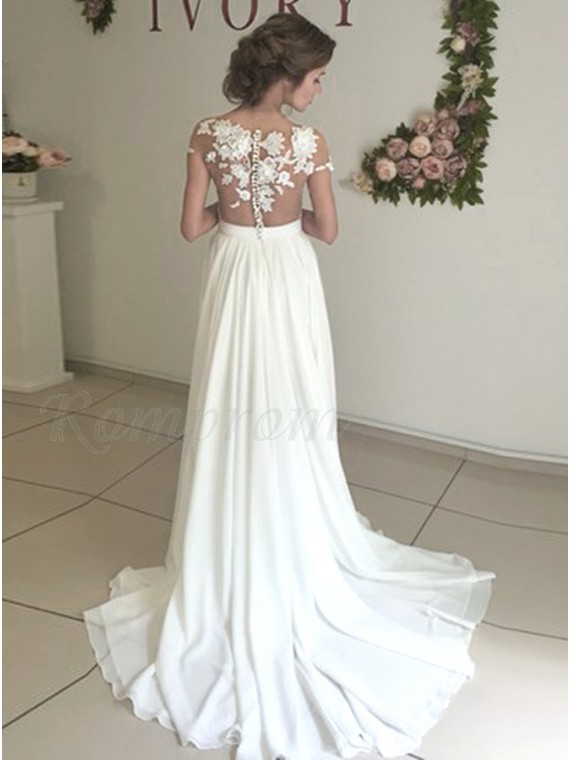 A-Line Lace Appliques Beach Wedding Dress with Cap Sleeves - $155.69 ...