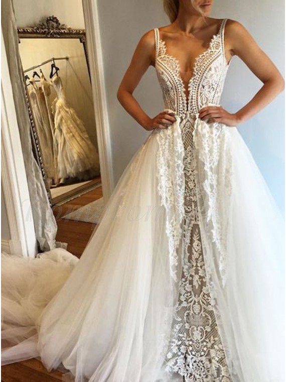 Sleeveless Deep V-neck Illusion Neckline A-line Wedding Dress