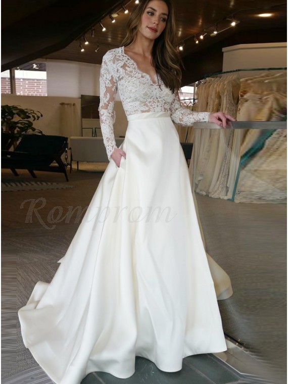 satin wedding dress with lace