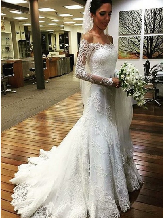 Mermaid Off-the-Shoulder Long Sleeves Lace Appliques Wedding Dress ...
