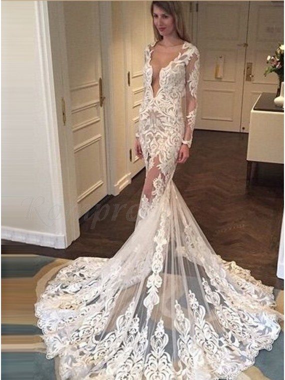 Mermaid Deep V Neck Lace Long Sleeves Wedding Dress with Court Train