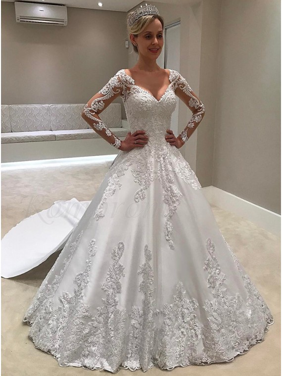 v neck long sleeve wedding gown