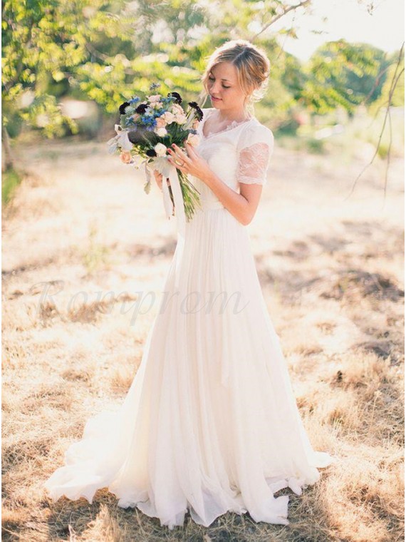 v neck short sleeve wedding dress