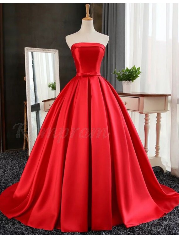 Ball Gown Strapless Floor Length Red Prom Dress With Pleats