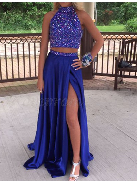 royal blue beaded prom dress