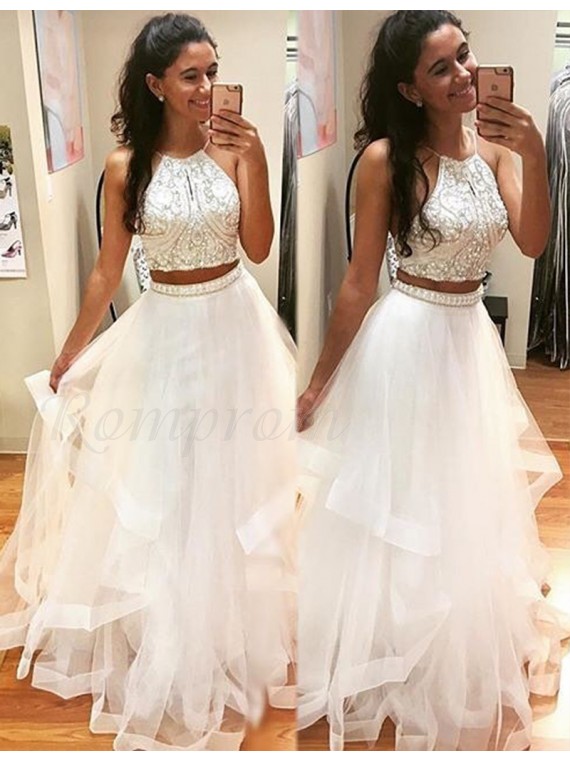 white two piece prom dress