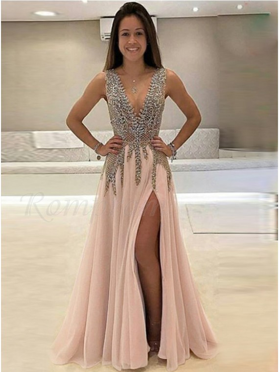 A-Line Deep V-Neck Pink Slit Legs Beaded Gorgeous Prom Dress