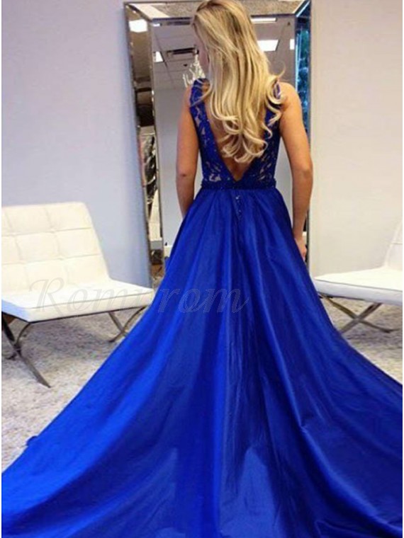Sheath Deep V-Neck Backless Royal Blue Prom Dress with Lace Overskirt ...