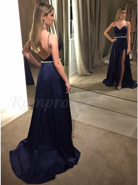 satin navy blue prom dress