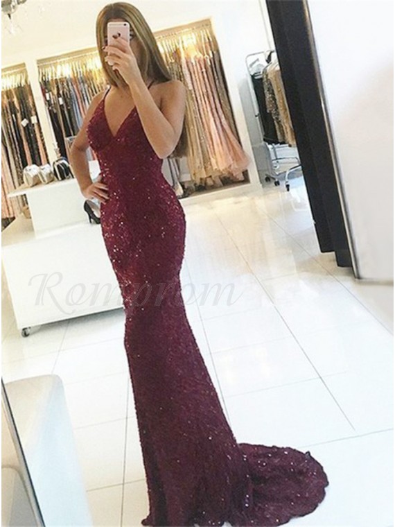 burgundy lace prom dress