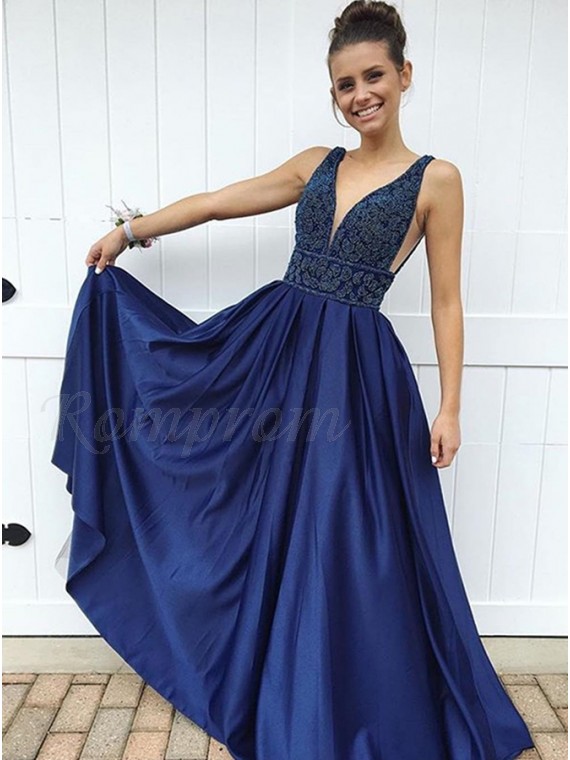 A-Line V-Neck Floor-Length Dark Blue Prom Dress with Appliques - $139. ...