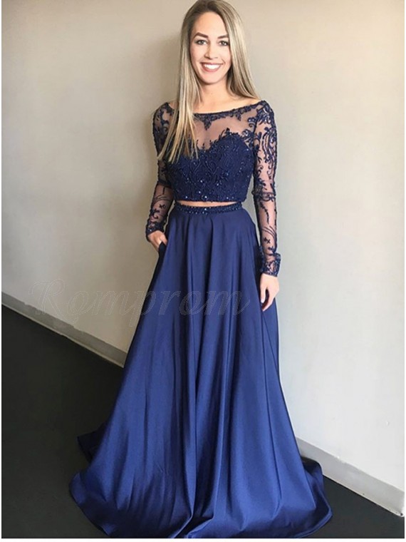 Two Piece Bateau Long Sleeves Dark Blue Prom Dress With Beading