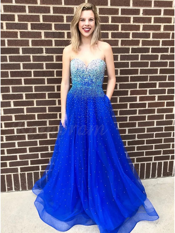 A-Line Sweetheart Floor-Length Royal Blue Prom Dress with Beading ...