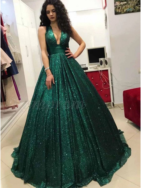 green ball gown with sleeves