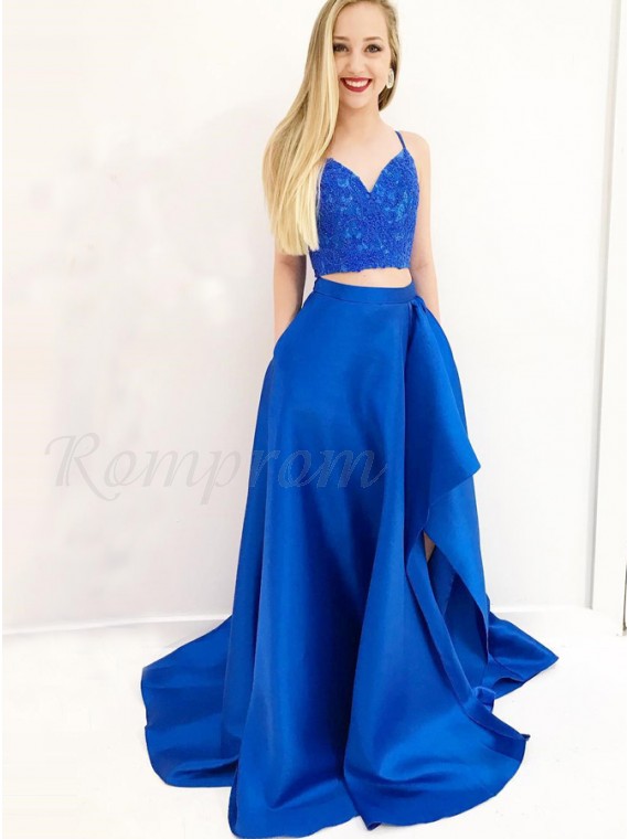 Two Piece Spaghetti Straps Royal Blue Prom Dress with Pockets Split ...