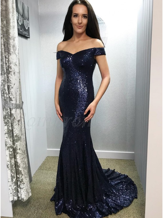 navy blue off shoulder prom dress