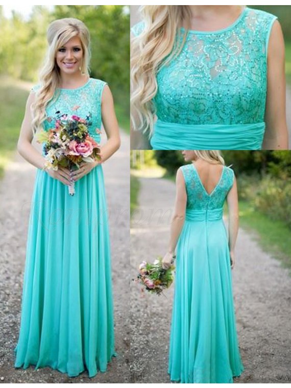 A-Line Crew Floor-Length Turquoise Bridesmaid Dress with Lace Beading ...