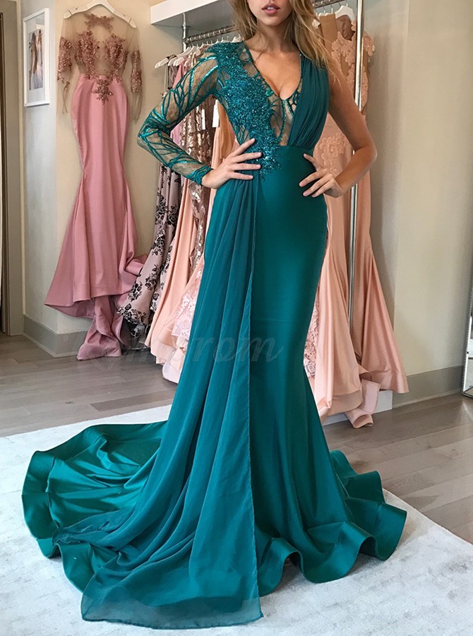 Mermaid V-Neck Dark Green Prom Dress 