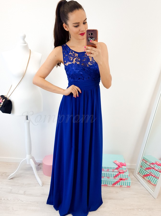 A-Line Round Neck Floor-Length Royal Blue Prom Dress with Lace Pleats ...