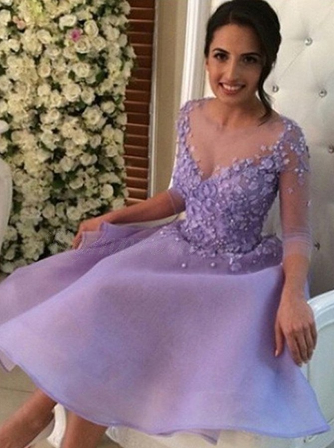 A-Line Round 3/4 Sleeves Lavender Chiffon Satin Homecoming Dress with ...