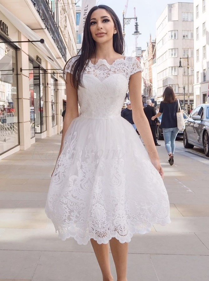 tea length white lace dress