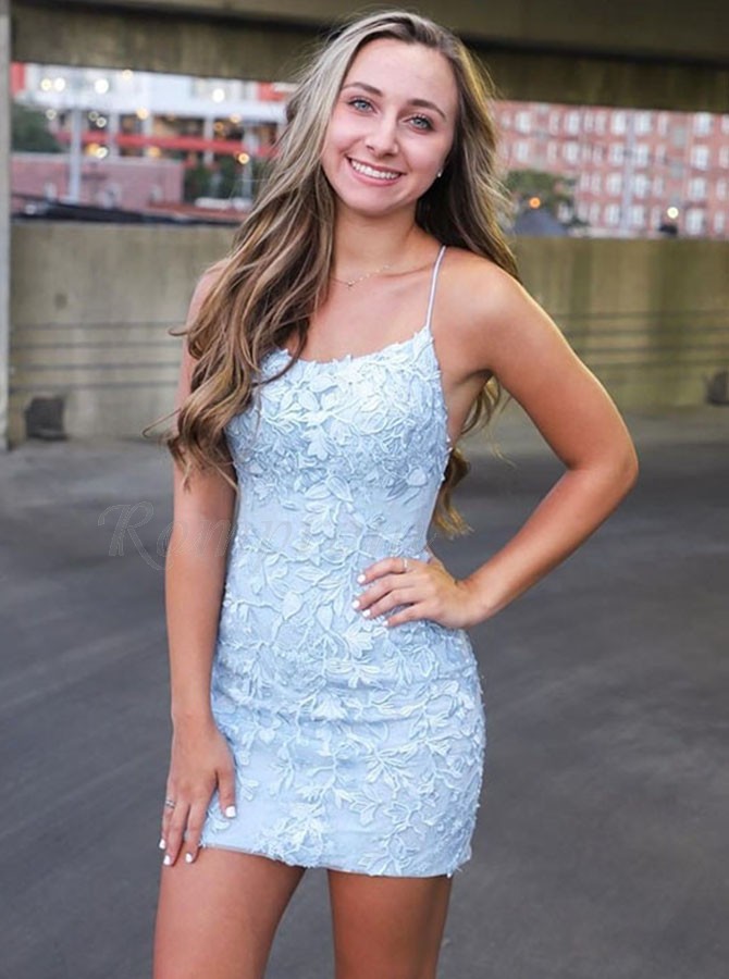 Spaghetti Straps Light Blue Short Tight Homecoming Dress With Appliques Romprom