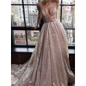 A-Line Deep V-Neck Long Backless Champagne Prom Dress with Sequin