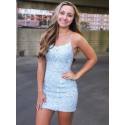 Spaghetti Straps Light Blue Short Tight Homecoming Dress With Appliques