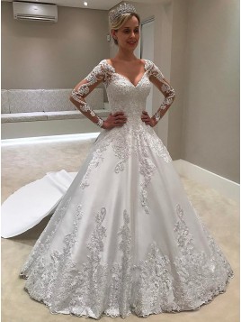 Ball Gown V-Neck Long Sleeves Watteau Train Wedding Dress with Appliques