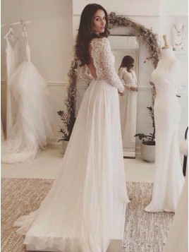 A-line V-neck Long Sleeves Simple Wedding Dress with Lace Top