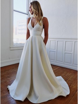 Simple V-Neck Long Open Back Sleeveless White Wedding Dress with Bowknot