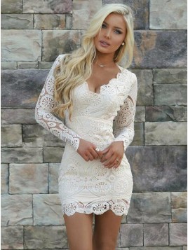 Sheath V-Neck Long Sleeves Open Back Short White Lace Homecoming Cocktail Dress