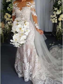 Mermaid Long Sleeves Lace Wedding Dress with Appliques Beading