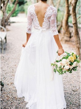 A-line Elegant V-neck 3/4 Lace Sleeves Lace Top Wedding Dresses