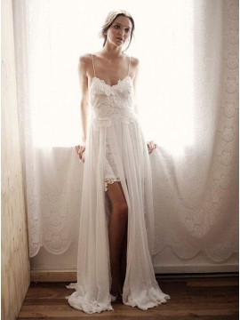  A-line Modern Spaghetti Straps Split Chiffon Beach Wedding Dress