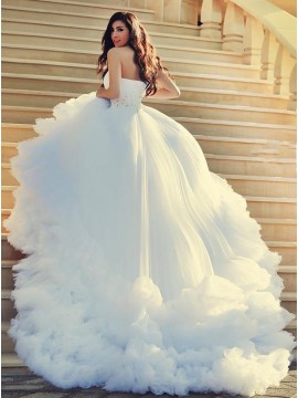 Ball Gown One Shoulder Court Train Wedding Dress with Beading Feathers