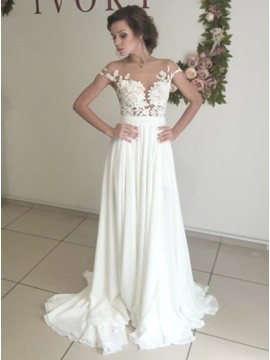 A-Line Lace Appliques Beach Wedding Dress with Cap Sleeves