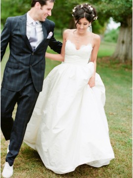 A-Line Spaghetti Straps Floor-Length White Wedding Dress with Lace Top