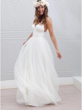 A-Line V-neck Open Back Simple Tulle Wedding Dress with Ruched Sash