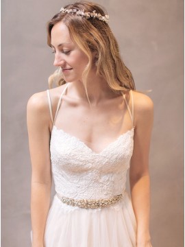A-Line Spaghetti Straps Backless Wedding Dress with Beading Lace