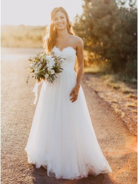 A-line Sweetheart Floor-Length White Wedding Dress with Lace Sashes