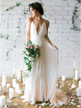 A-Line Deep V-Neck Backless Ivory Chiffon Wedding Dress with Pleats