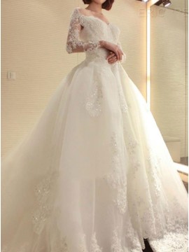 Ball Gown Off the Shoulder Long Sleeves Wedding Dress with Appliques Beading 