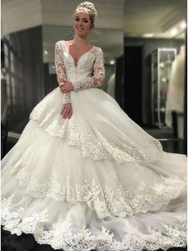 Ball Gown V-neck Open Back Tiered Long Sleeves Wedding Dress with Appliques