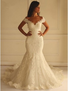 Mermaid Off-the-Shoulder Court Train White Lace Wedding Dress
