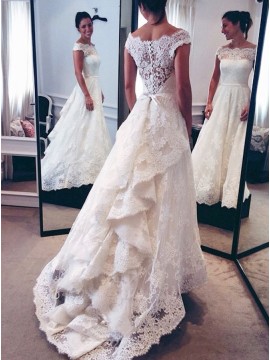 A-line Off-the-Shoulder Cap Sleeves Lace Wedding Dress with Sash Ruffles