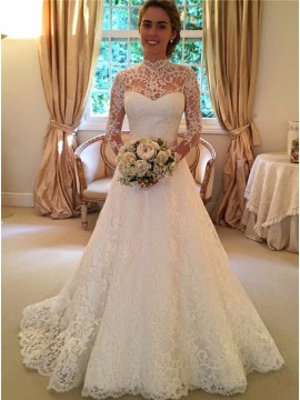 A-line High Neck Long Sleeves Open Back Lace Wedding Dress with Sashes